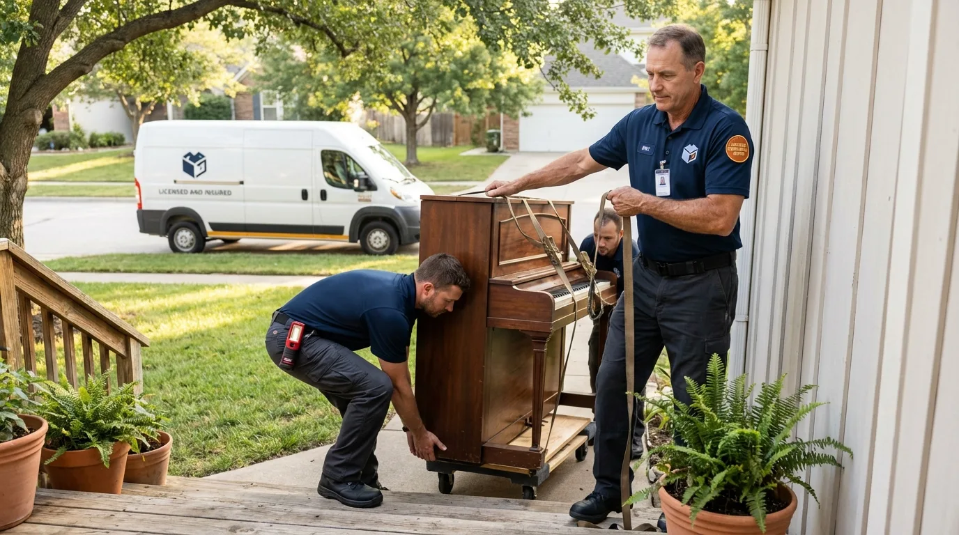 Licensed piano movers securing grand piano in Meraux, LA