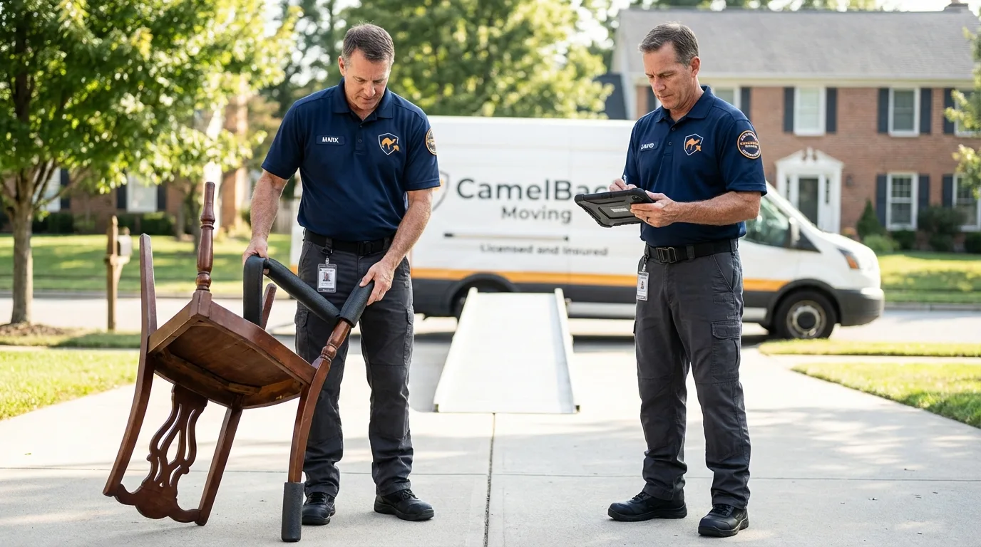 Movers inspecting furniture for damage prevention before loading in Meraux, LA