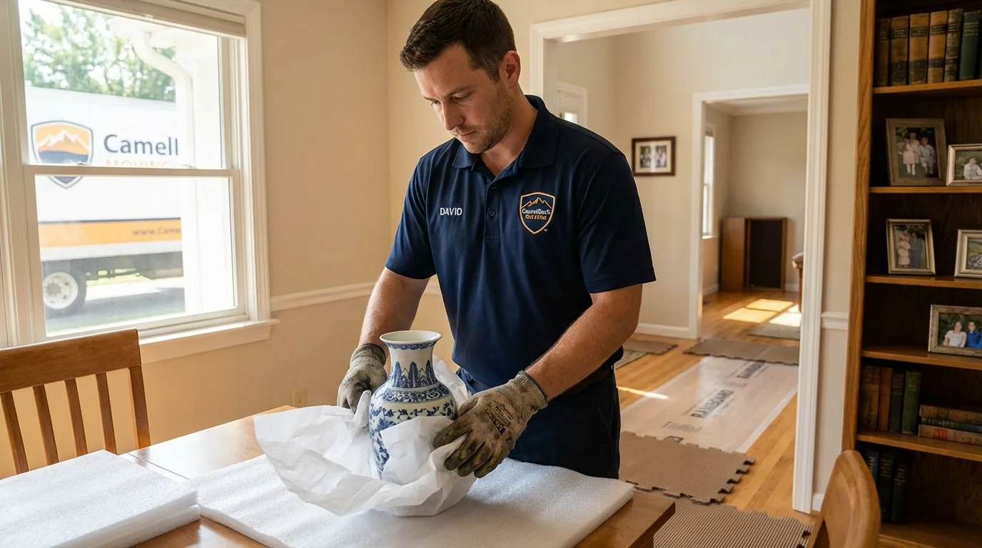 Professional crew carefully wrapping antique vase for senior downsizing move in Meraux, LA