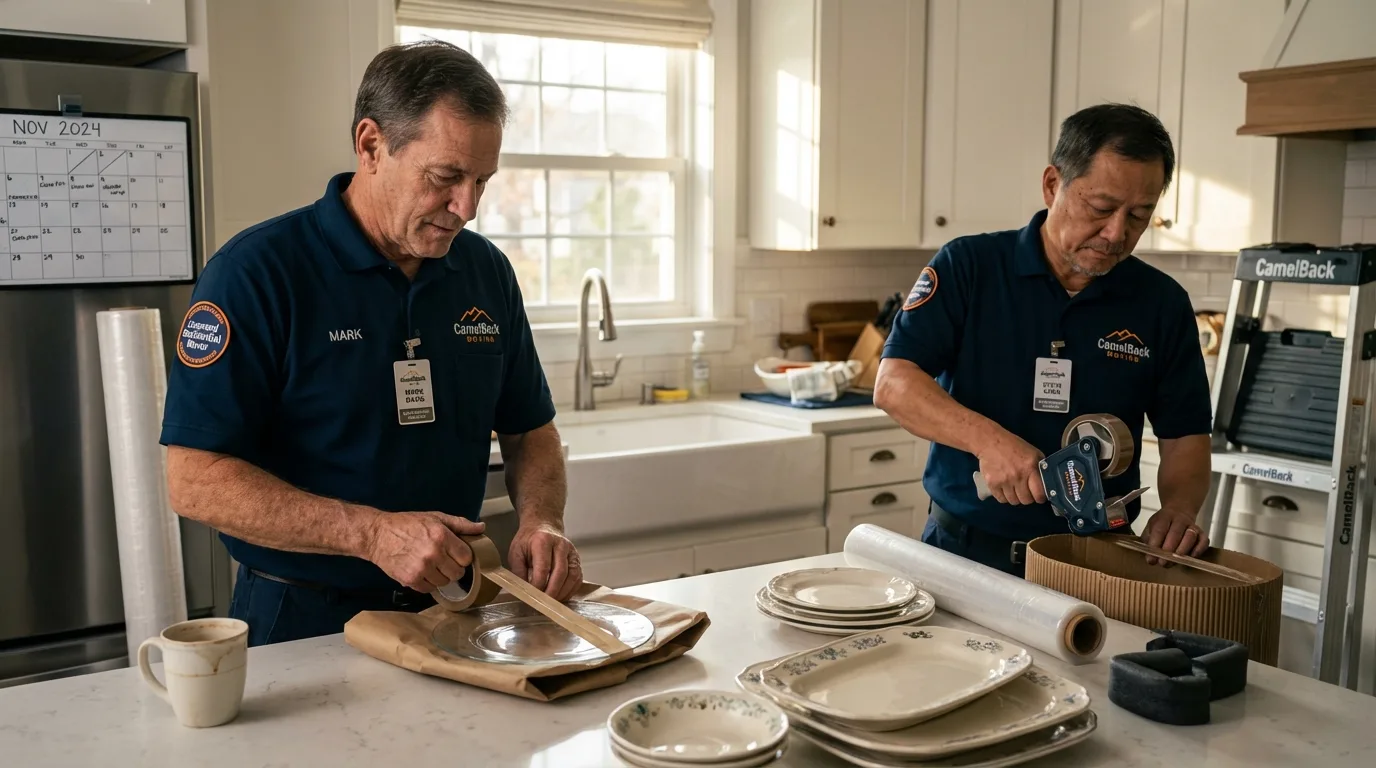 Professional crew packing kitchen dishware in Meraux, LA